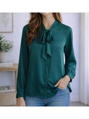 ACEVOG Dark Green Tie Neck Long Sleeve Blouse - Size Medium